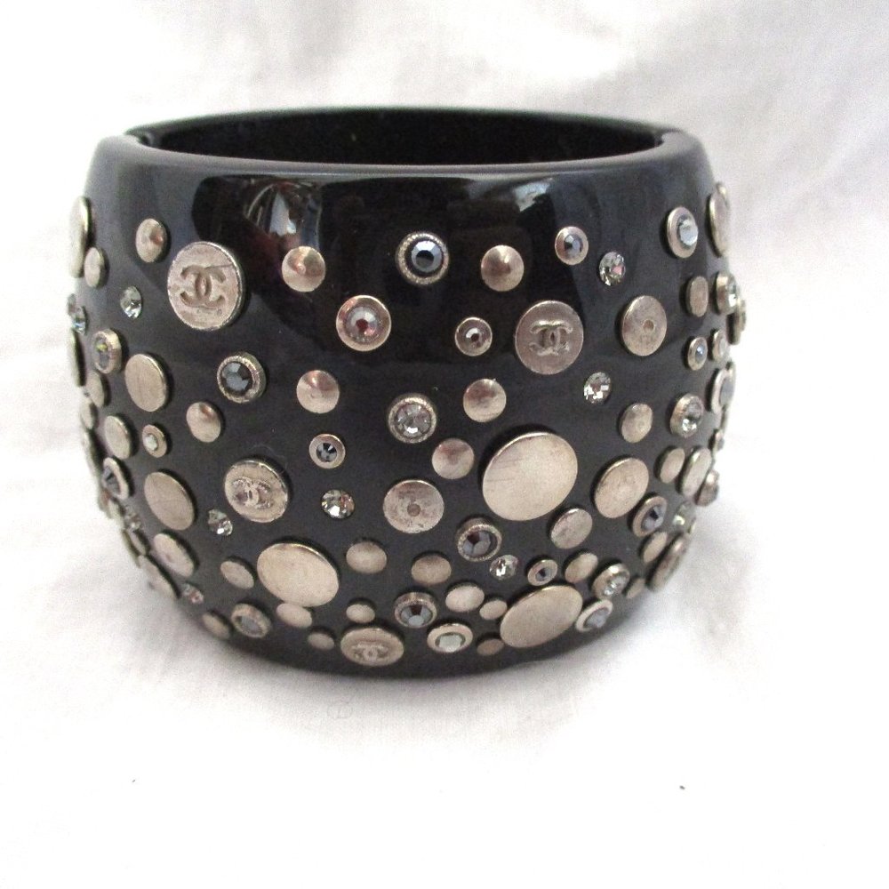 CHANEL RHINESTONE Stuff Resin CUFF Bracelet BLACK SILVER Luxury